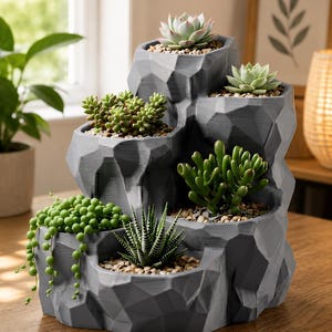 Geometric Succulent Planter 3D Printed, Multi Tier Rock Style Flower Pot, Modern Desktop Planter, Cactus Pot, Home Office Decor