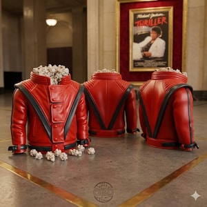 May include: Three red popcorn containers shaped like a red jacket with black accents, filled with popcorn. The containers are on a gray surface with gold trim. A framed "Thriller" movie poster is in the background.