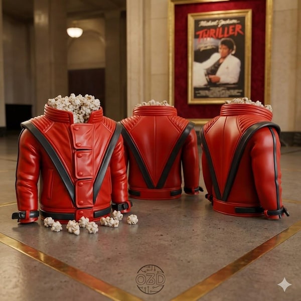 Red Jacket Popcorn Holder 3D Printed – Thriller Inspired Snack Container, Movie Night Decor & Unique Gift