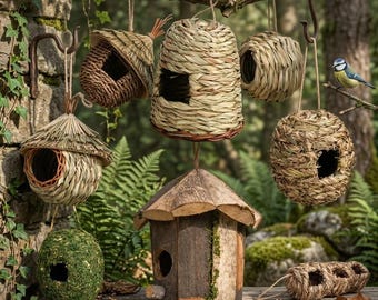 Handwoven Grass Bird House, Natural Hanging Bird Nest, Outdoor Garden Bird Shelter for Hummingbirds Wrens