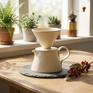 May include: Cream ceramic pour-over coffee set, including a cone filter holder and small jug, on a dark grey slate coaster. A coffee grinder and plants are in the background. The set is designed for making coffee.