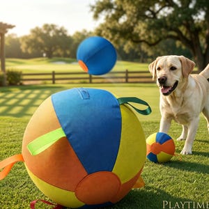 Op de afbeelding: Een kleurrijke hondenspeelbal met blauwe, oranje en gele panelen en een blauwe bal in de lucht. Een gouden Labrador staat op het gras, klaar om te spelen. Het woord "PLAYTIME" staat onderaan.