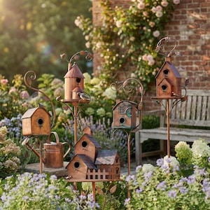 Pode incluir: Uma coleção de casas de pássaros decorativas de cor cobre em um jardim. As casas de pássaros variam em design, algumas com telhados pontiagudos e outras com trabalhos em metal decorativos. Um regador também é visível. A cena é ambientada em um cenário de flores e uma parede de tijolos.