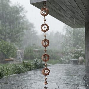 Metal Rain Chain for Gutters, Aged Copper Umbrella Mushroom Spinner Pinecone Rain Chain, Garden Decor Downspout Alternative