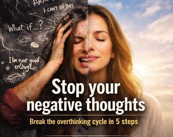 May include: Image promoting mental wellness, split between a distressed and a serene face. Text reads "Stop your negative thoughts" and "Break the overthinking cycle in 5 steps." Includes "CBT Workbook | Printable PDF."