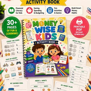 May include: A spiral-bound Money Wise Kids activity book featuring a colorful cover with illustrations of two children, a piggy bank, and a jar labeled Future Goals. The book includes various worksheets for financial literacy, saving, and budgeting.