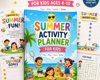May include: A Summer Activity Planner for kids ages 4-10 featuring a colorful cover with illustrations of children at the beach, a sandcastle, and a sun. The planner includes pages for a bucket list, summer goals, and a fun maze, with text throughout.