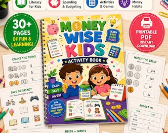 お金の使い方を学ぶ子供向けアクティビティブック、子供向け金融リテラシーワークブック、個人金融に関する印刷可能なPDF、予算編成、貯蓄、支出に関するワークシート