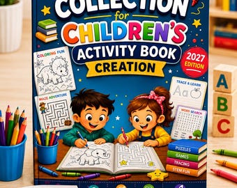 May include: A blue activity book titled Prompt Collection for Children's Activity Book Creation 2027 Edition. The cover features illustrations of two children drawing in a book, surrounded by colorful pencils, maze pages, and word search puzzles.