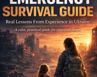 May include: Emergency Survival Guide book cover featuring text and an illustration of two people walking through a ruined city at sunset. The adult carries a flashlight and backpack, while the child holds a teddy bear. Includes a checklist graphic.