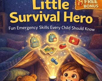 May include: A children's book cover titled "Little Survival Hero" with a cartoon illustration of a child holding a flashlight. The image includes a teddy bear, a bunny, and emergency-themed icons. Text includes "Fun Emergency Skills Every Child Should Know."