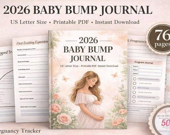 May include: A 2026 Baby Bump Journal with a watercolor illustration of a pregnant person. The journal includes a pregnancy tracker, weekly journal, baby size milestones, and a birth plan. The journal is US Letter size and is a printable PDF.