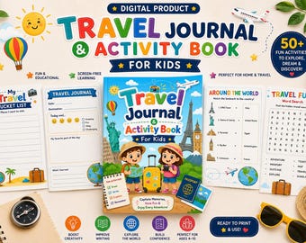 May include: A digital travel journal and activity book for kids featuring a colorful cover with illustrations of children, landmarks, and travel items. The set includes printable pages with bucket lists, word searches, and travel logs with text.