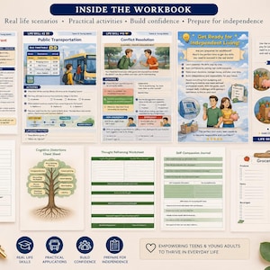 May include: A workbook with various pages focusing on life skills for teens and young adults. Topics include ordering food, public transportation, conflict resolution, and independent living. The workbook includes activities and worksheets.