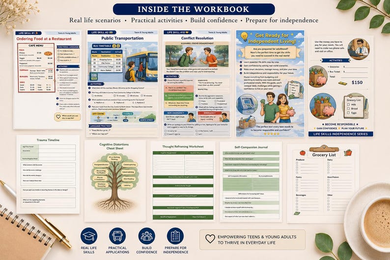 May include: A workbook with various pages focusing on life skills for teens and young adults. Topics include ordering food, public transportation, conflict resolution, and independent living. The workbook includes activities and worksheets.