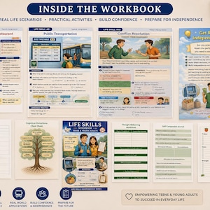 May include: A workbook with colorful pages, featuring text and illustrations on topics like ordering food, public transportation, and conflict resolution. The workbook is designed to help teens and young adults succeed in everyday life.