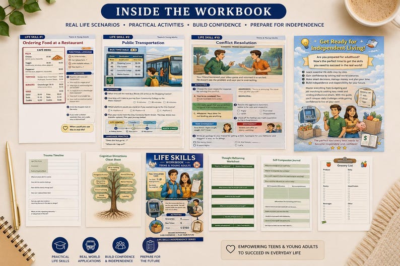 May include: A workbook with colorful pages, featuring text and illustrations on topics like ordering food, public transportation, and conflict resolution. The workbook is designed to help teens and young adults succeed in everyday life.