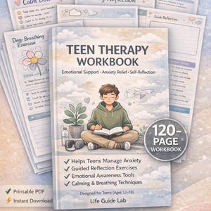 May include: A Teen Therapy Workbook with a young person meditating on the cover. The workbook includes exercises for anxiety management, emotional awareness, and calming techniques. It is a 120-page workbook designed for teens aged 12-18.
