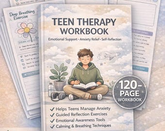 May include: A Teen Therapy Workbook with a young person meditating on the cover. The workbook includes exercises for anxiety management, emotional awareness, and calming techniques. It is a 120-page workbook designed for teens aged 12-18.