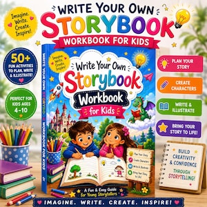 May include: A Write Your Own Storybook Workbook for Kids featuring a colorful cover with a boy and girl writing in a book, a castle, a dragon, and text including Imagine, Write, Create, Inspire, 50+ fun activities, and plan your story.