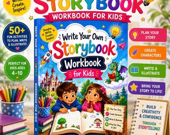 May include: A Write Your Own Storybook Workbook for Kids featuring a colorful cover with a boy and girl writing in a book, a castle, a dragon, and text including Imagine, Write, Create, Inspire, 50+ fun activities, and plan your story.