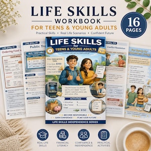 Può includere: Un quaderno di lavoro intitolato "Life Skills" per adolescenti e giovani adulti, con competenze pratiche e scenari di vita reale. La copertina mostra due giovani che fanno il pollice in su. Il quaderno contiene 16 pagine.