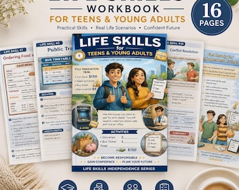Op de afbeelding: Een werkboek getiteld "Life Skills" voor tieners en jongvolwassenen, met praktische vaardigheden en realistische scenario's. De omslag toont twee jonge mensen die een duim omhoog geven. Het werkboek bevat 16 pagina's.