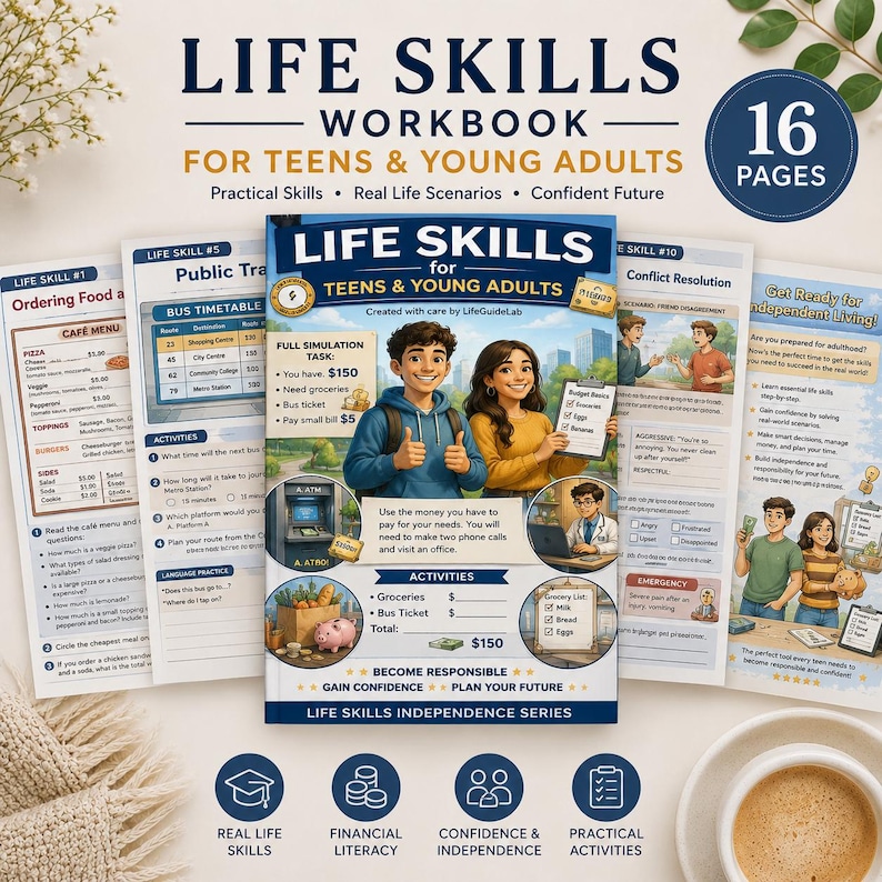 May include: A workbook titled "Life Skills" for teens and young adults, featuring practical skills, real-life scenarios, and a confident future. The cover shows two young people giving a thumbs up. The workbook includes 16 pages.