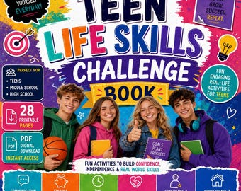 May include: A colorful digital book cover titled Teen Life Skills Challenge Book featuring four smiling teenagers holding school supplies. The design includes text such as Build Confidence, Grow Mindset, Succeed in Life, and icons for communication, finance, and time management.
