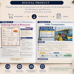 May include: A digital product with educational content for teens and young adults. The image shows two open pages with lessons on ordering food and using public transportation. The text includes "Cafe Menu" and "Bus Timetable".