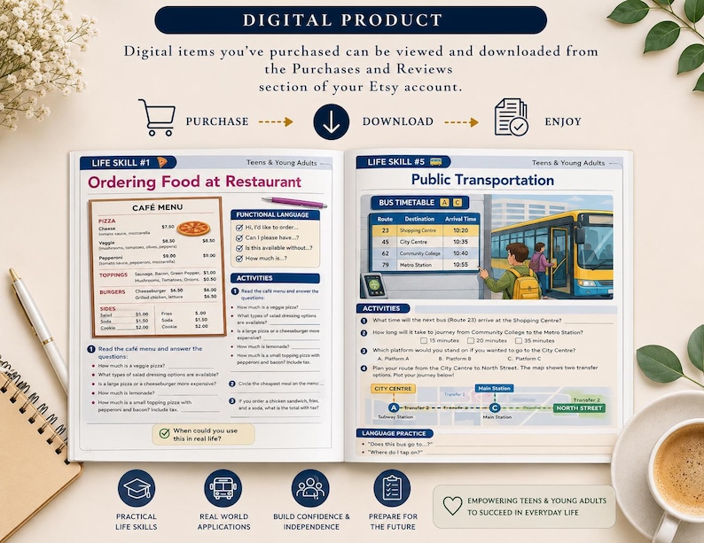 May include: A digital product with educational content for teens and young adults. The image shows two open pages with lessons on ordering food and using public transportation. The text includes "Cafe Menu" and "Bus Timetable".