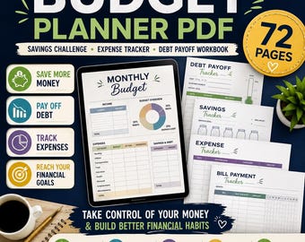 May include: A digital budget planner PDF featuring a monthly budget template on a tablet screen, alongside printed pages for debt payoff, savings, and expense tracking. The design includes a yellow 72-page badge and text labels for financial goal tracking.