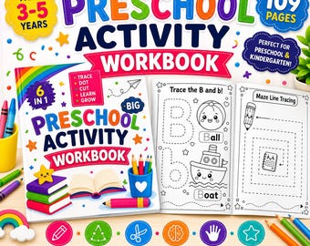 May include: A preschool activity workbook featuring 109 pages of educational content. The cover displays colorful text, a stack of books, and a pencil holder. The open pages show letter tracing exercises for the letter B and a maze line tracing activity.