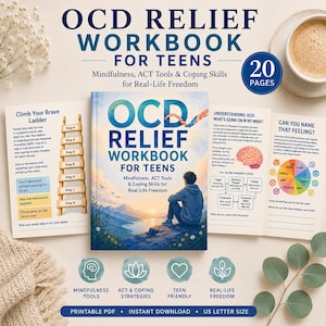 May include: An "OCD Relief Workbook for Teens" is displayed, featuring a young person sitting on a rock, with a scenic background. The workbook includes mindfulness tools, ACT strategies, and is teen-friendly. The image also shows sample pages and a coffee cup.