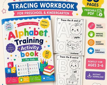 May include: An alphabet tracing workbook for preschool and kindergarten with 53 pages. The cover features colorful text, illustrations of blocks, and a pencil cup. Two interior pages show tracing exercises for letters A and B with images.