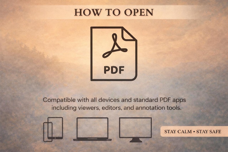 May include: Image with the text "HOW TO OPEN" above a PDF icon. Below the icon, the text reads "Compatible with all devices and standard PDF apps including viewers, editors, and annotation tools." The phrase "STAY CALM &bull; STAY SAFE" is also present.