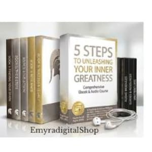 Peut inclure: Une collection de livres dont un intitulé 5 Steps to Unleashing Your Inner Greatness, accompagné d'une paire d'écouteurs filaires blancs. Les livres sont disposés en rangée avec des dos de couleurs variées, et le texte EmyradigitalShop est visible.
