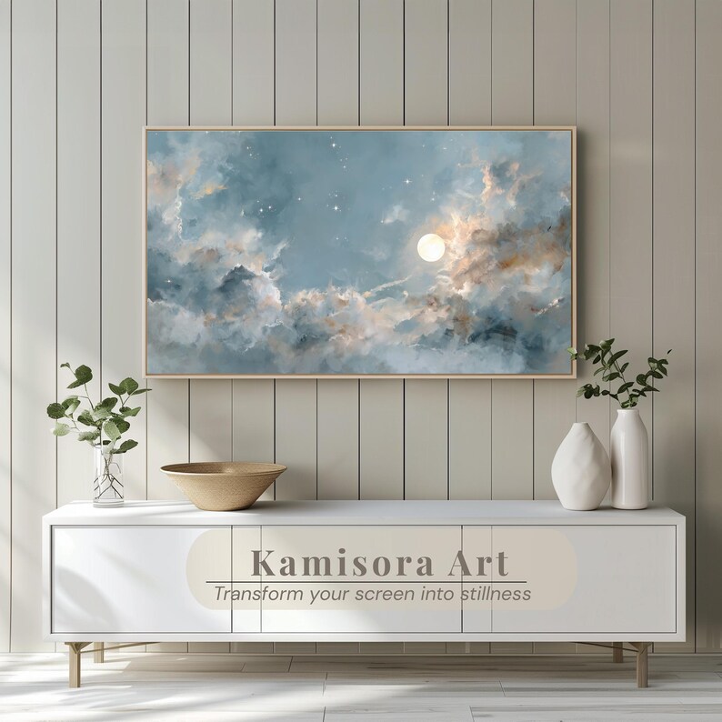 Japandi Moonlight Frame TV Art, Celestial Watercolor Night Scene ...