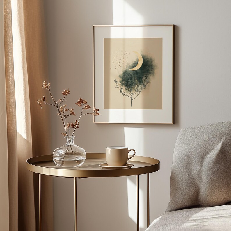 Japandi Crescent Moon Tree Art – Calm Neutral Landscape Printable Wall ...