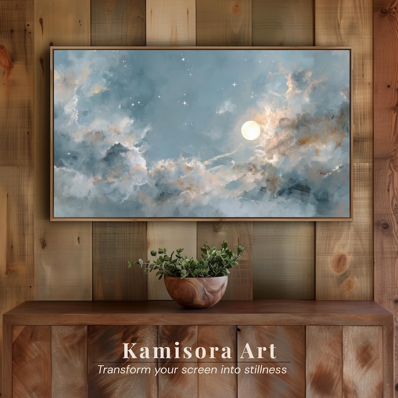 Japandi Moonlight Frame TV Art, Celestial Watercolor Night Scene ...