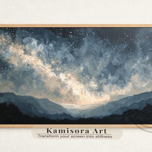May include: A rectangular framed wall art print featuring an oil painting of a night sky with a bright, textured milky way galaxy stretching over dark, layered mountain silhouettes. The text 'Kamisora Art' and 'Transform your screen into stillness' appears below.