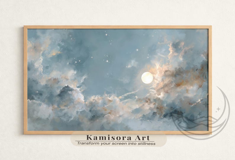 Japandi Moonlight Frame TV Art, Celestial Watercolor Night Scene ...