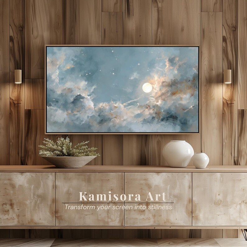 Japandi Moonlight Frame TV Art, Celestial Watercolor Night Scene ...