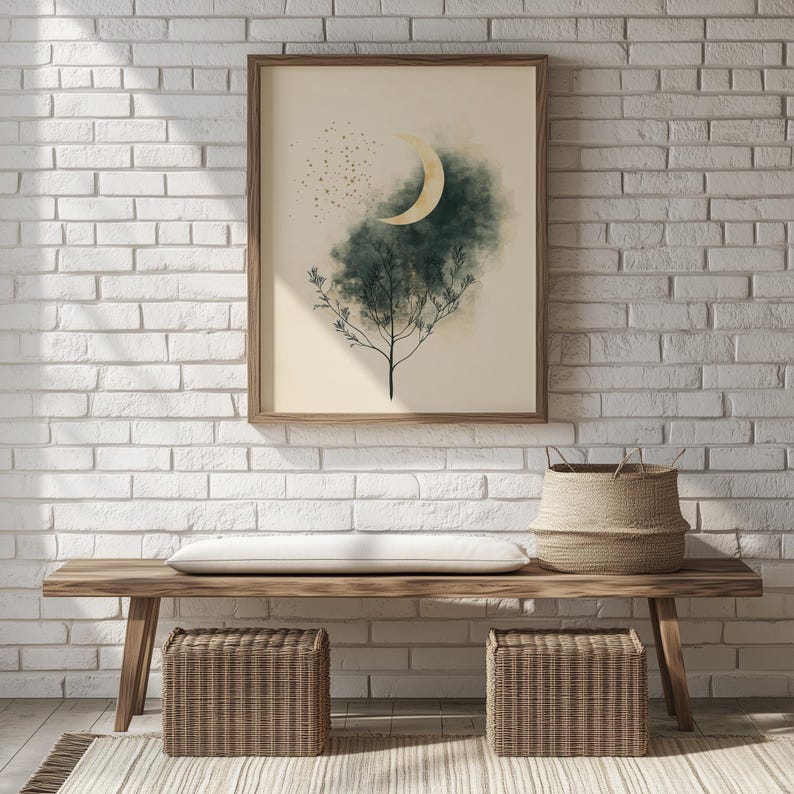 Japandi Crescent Moon Tree Art – Calm Neutral Landscape Printable Wall ...