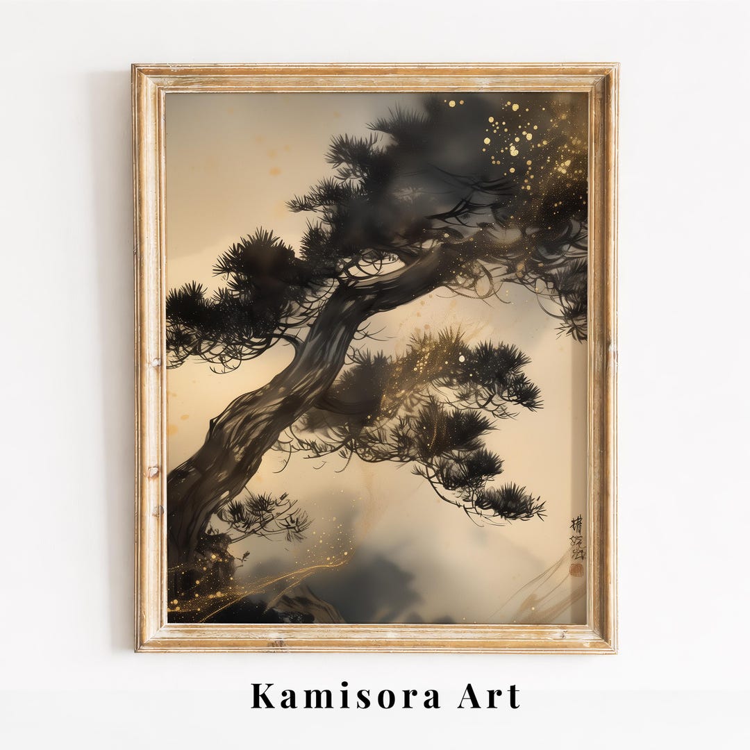 Moody Pine Tree Art – Japanese Sumi-e Painting, Gold Flecks, Meditative ...