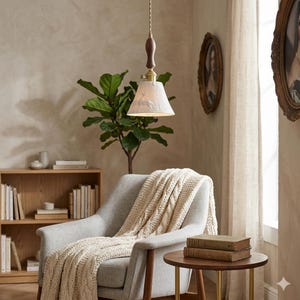 Walnut Wood Ceramic Pendant Light: Nordic Modern Hanging Lamp with Knob Switch