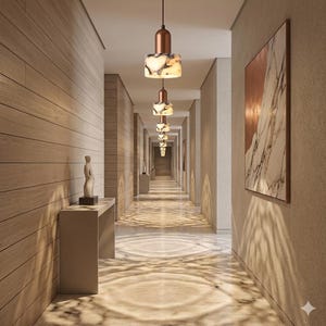 May include: A long corridor featuring pendant lights with copper tops and marble-effect shades. One wall is wood-panelled, the other a neutral colour. The floor is marble-effect, reflecting the light. The lights are spaced along the corridor.