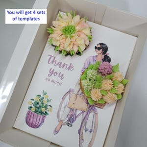 May include: A greeting card with the text "Thank you so much" and an illustration of a woman on a bicycle. The card is decorated with two floral arrangements in shades of pink, green, and peach. The box contains the text "You will get 4 sets of templates".