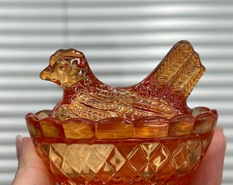 Orange Glass Hen on Nest Dish, Vintage Salt Cellar, Farmhouse Trinket Bowl