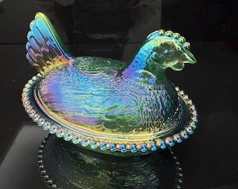 Carnival Glass Hen Dish, Iridescent Green-Blue Vintage Kitchen Decor